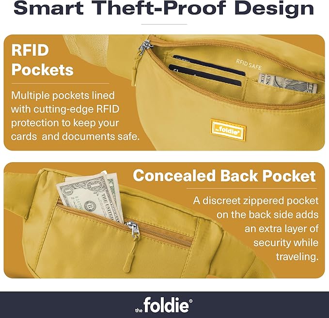 The Foldie Foldable Crossbody Bags for Women & Men - Anti-Theft RFID-Safe Fanny Pack with Smart Lockable Zippers and Cut-Resistant Strap - Lightweight Waist Pack for Travel & Everyday Use - Yellow