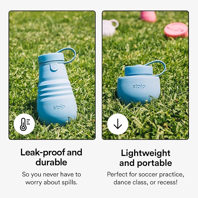 STOJO Jr Collapsible Bottle for Kids - Steel Blue, 14oz / 400ml - Leak-Proof Reusable Silicone Travel Cup for Hot & Cold Drinks -On-The-Go Camping & Hiking - Microwave & Dishwasher Safe