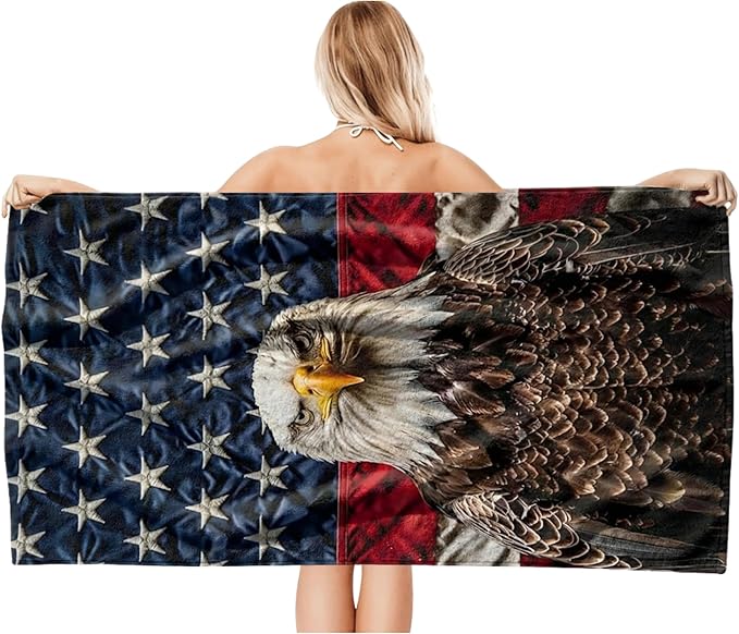 Patriotic American Eagle Beach Towel 30”x60” – 100% Cotton Velour, Absorbent, Quick-Dry, Easy-Pack for Spring Break, Vacation, Beach, Pool, or Sunbathing – Lightweight, Compact – USA Novelty Gift