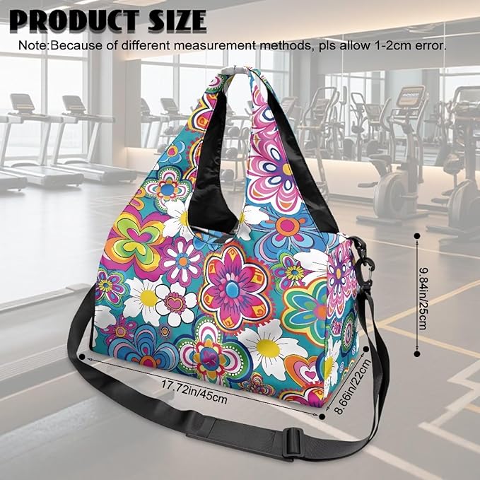 Colorful Hippie Flowers Gym Bag for Women with Shoes Compartment Carry on Weekender Overnight Bags Travel Duffel Bags Sports Workout Yoga Carrier Ladies Gifts