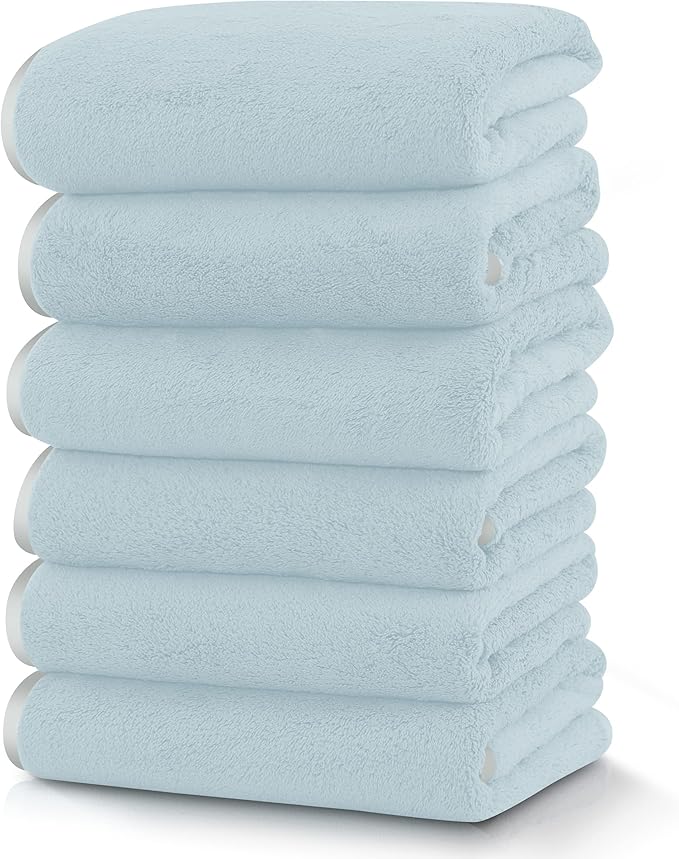 TENSTARS Silk Hemming Hand Towels for Bathroom - Quick Drying - Ultra Soft Microfiber Absorbent Towel for Bath Fitness, Gym, Shower, Hotel, and Spa - 16x28 Inch | Set of 6, Light Teal