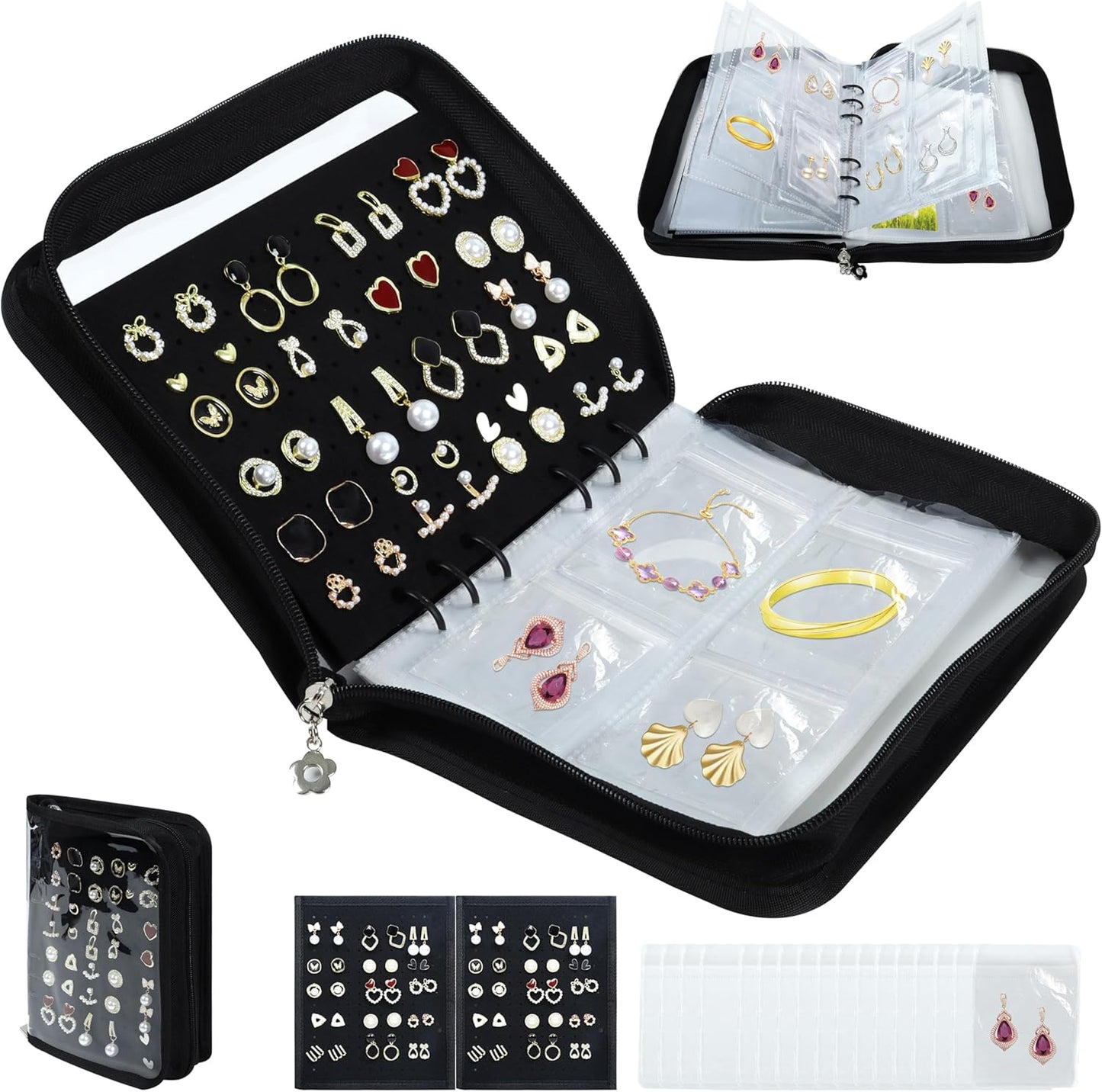 Meneng Earring Travel Case Organizer: Transparent Jewelry Storage Book with 20 PVC Pages + 2 Velvet Sheets - Crush Proof Jewelry Binder for Bloggers