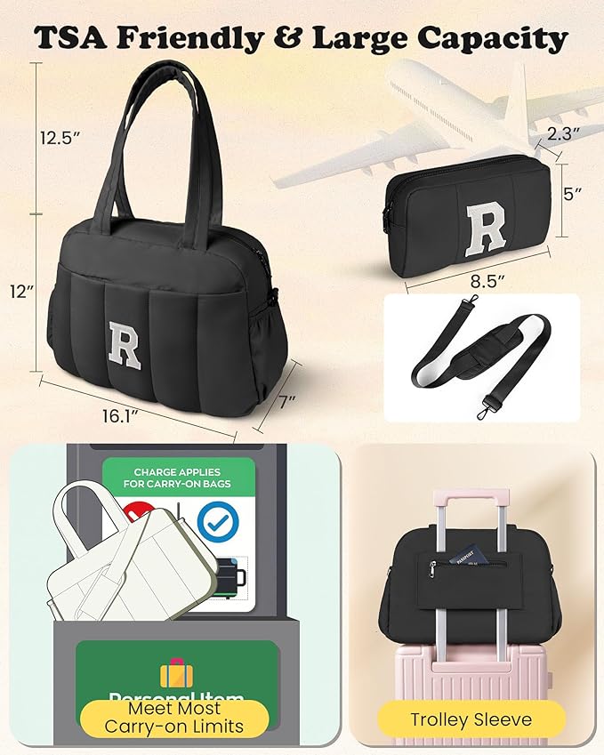 Teenage Girl Birthday Gift-Monogram Gifts-Women Duffle Bag with Initial, Personal Item Travel Bags，Gym Bag with Wet Pocket，Lightweight Travel Bags Personalized Tote with Makeup Pouch