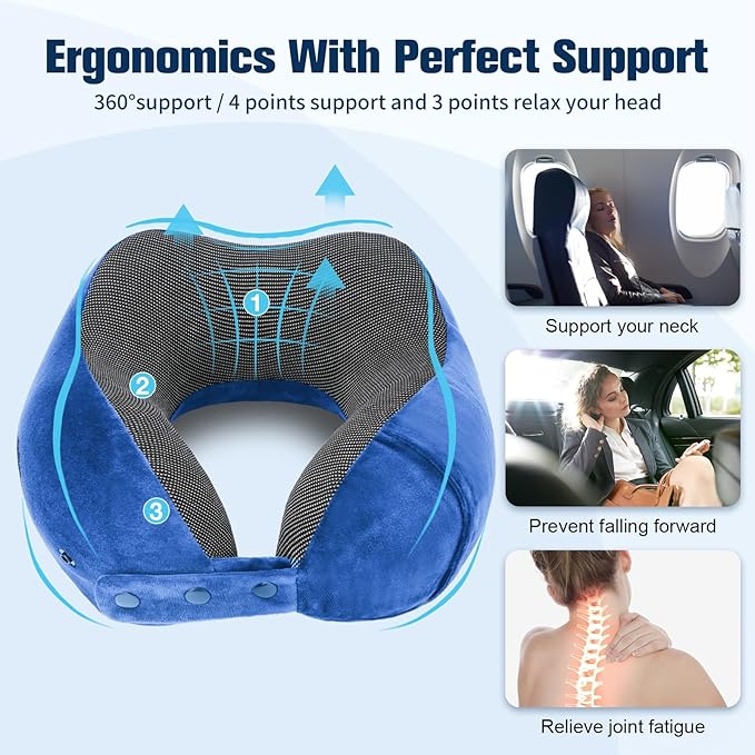 Neck Pillow for Traveling, Travel Pillows for Airplanes,100% Pure Memory Foam Travel Neck Pillow, Adjustable Flight Pillow, Portable Plane Accessories with Eye Mask, Earplugs, Carry Bag