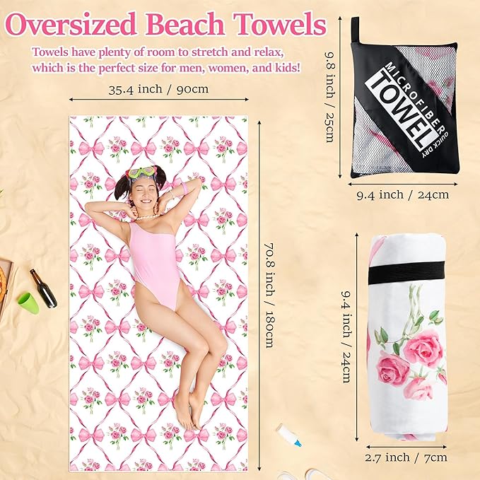 Pink Bow Oversized Beach Towel - Flower Double-sided Thin Microfiber Lightweight Pool Towel 71"x35" Quick Dry Towel Sand Free Blanket for Bath Sport Travel Beach Swimming Camping for Girl Women