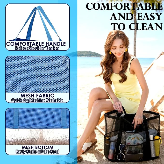 Mesh Beach Bag, Large Beach Tote with Zipper Pocket, Toys Pool Bag for Family Travel Vacation Cruise Essentials