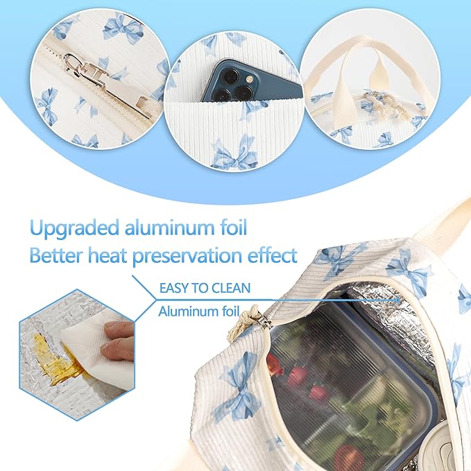 lunch bag for women,bento box adult for work,insulated lunchbox cooler containers,leakproof corduroy lunchbag,lunch tote for school college offices,outdoor picnic travel (Blue Bow Tie)