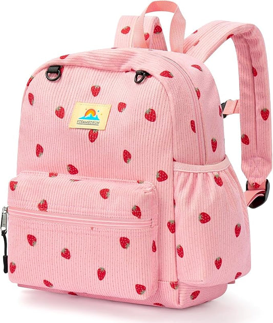 STEAMEDBUN Corduroy Toddler Backpack for Girls 2-4: Kids backpack for Boys Girls - 12 inch Preschool Kindergarten Backpacks - Strawberry