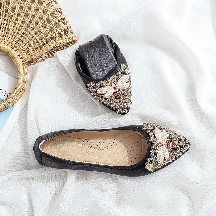 KUNWFNIX Women Ballet Flats Rhinestone Wedding Ballerina Shoes Foldable Sparkly Comfort Slip on Flat Shoes