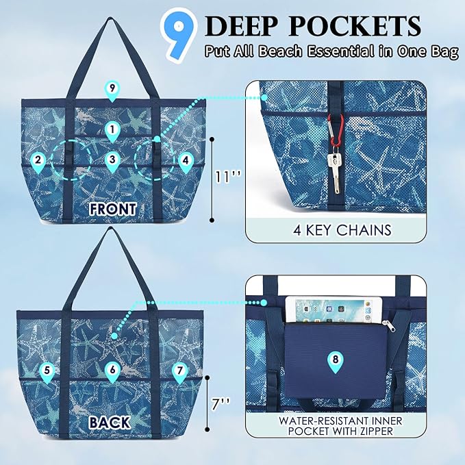 Mesh Beach Bag, Large Beach Tote with Zipper Pocket, Toys Pool Bag for Family Travel Vacation Cruise Essentials