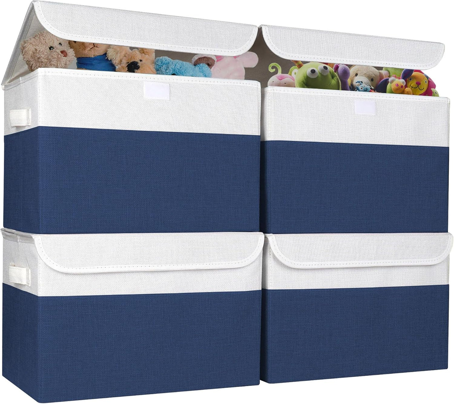 Large 22 Quart Linen Fabric Foldable Storage Bin Cube Organizer Basket with Flip-Top Lid & Handles, Clothes Blanket Box for Home, Office, Closet, Navy Blue & White, 4 Pack 14.6 x 9.5 x 9.5