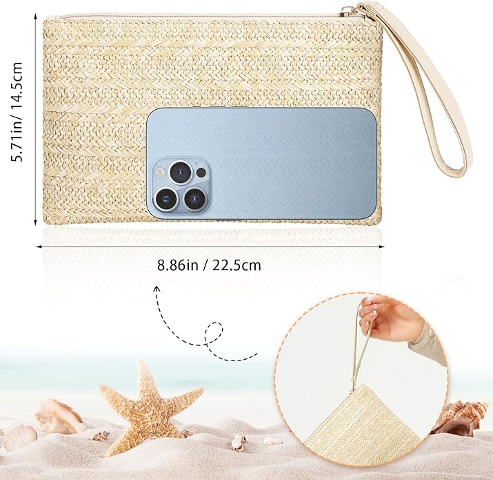 Clothirily Straw Purse Bag for Women Bohemian Handbag with Zipper Wristlet, Beach Clutch Womens Straw Clutch Purse for Summer