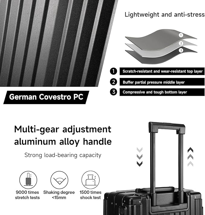 MYER Hard Case 24 Inch Checked Luggage with Spinner Wheels,Aluminum Luggage with 100% 3-Layer PC,Hard Shell Suitcases with Wheels,Cup Holder and USB Port (Classic Black, 24 inch)