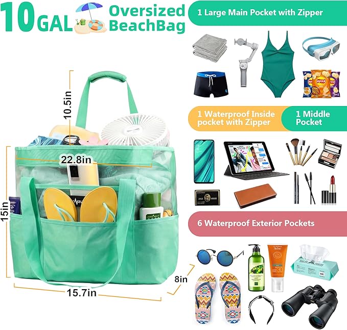 Mesh Beach Bag - Large Waterproof Beach Tote Bag with Zipper, Oversized Foldable Lightweight Family Swim Bag Vacation