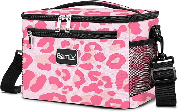 BEIMILY Lunch Box for Men/Women,Small Insulated Lunch Bag,Reusable LunchBox for work Picnic,Leakproof Soft Cooler Tote Bag Organizer with Adjustable Shoulder Strap for Adults(Pink Leopard Print)