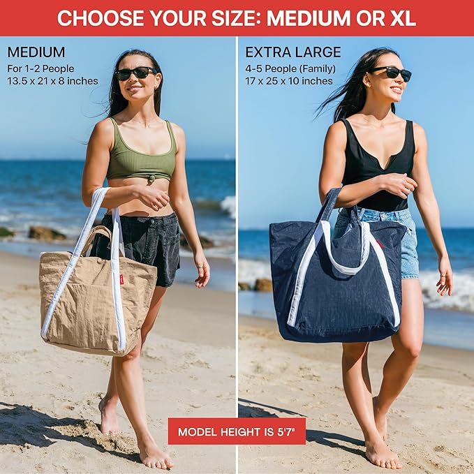 Bodysurf Beach Bags Waterproof Sandproof - Packable Foldable Nylon Zipper Tote Bag for Travel Lightweight, Pool, Boat, Cruise
