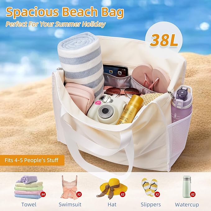 Utility Tote Beach Bag Waterproof Sandproof Women 38L Large Travel Shoulder Handbag Pool Bag Zip Foldable Bottom Pad