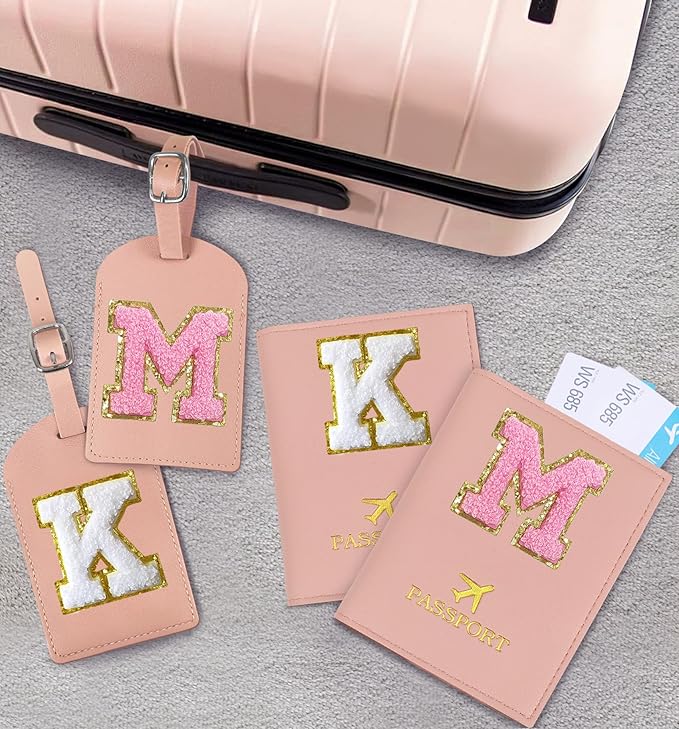 COSHAYSOO Initial Passport Cover Luggage Tag Set Letter Passport Holder Airplane Cruise Travel Essentials Vacation Traveling Accessories Personalized Gifts for Women Teen College Girls Pink J