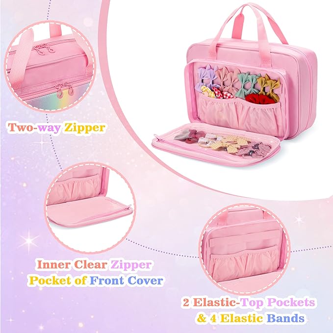 Hanging Hair Accessories Organizer for Baby Girls, Hair Bow Storage Bag, Travel Hair Stuff Case for Hair Clips, Hair Ties, Headbands, Scrunchies, Pink (Bag only)