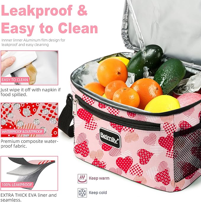 BEIMILY Lunch Box for Men/Women,Small Insulated Lunch Bag,Reusable LunchBox for work Picnic Hiking Beach,Leakproof Soft Cooler Tote Bag Organizer with Adjustable Shoulder Strap for Adults (Pink Heart)