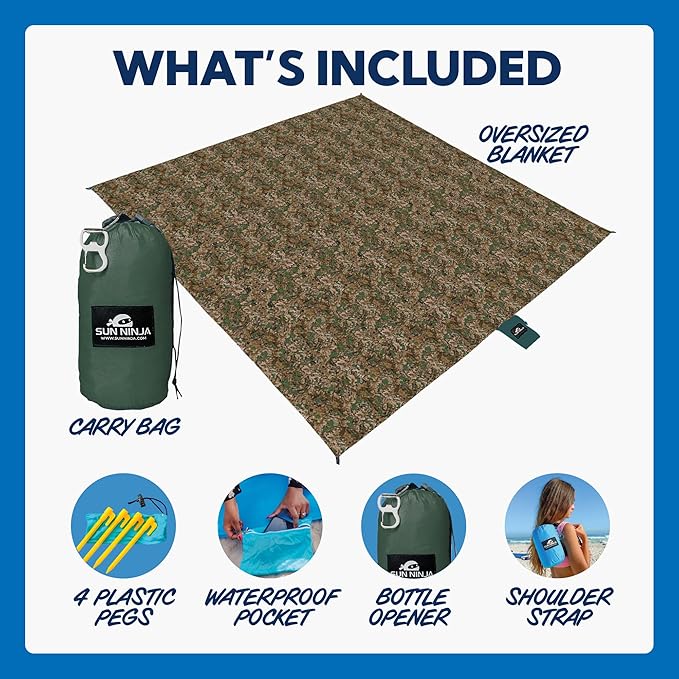 SUN NINJA Oversized Beach Blanket - Sandproof Beach Blanket, 10ft x 9ft Sand Free Blanket, Lightweight, Water Resistant, Includes Carry Bag, 4 Pegs, Shoulder Strap for Family Outings