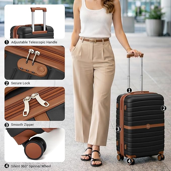 Kono Expandable 24 Inch Luggage with Spinner Wheels, Medium Checked Luggage with Lock, Lightweight & Anti-Scratch PC+ABS Hardshell Travel Suitcase, Black/Brown