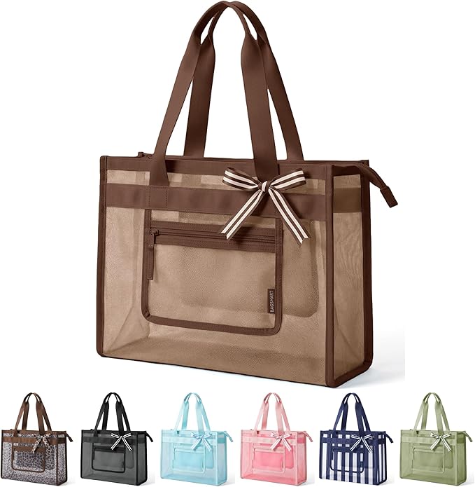 BAGSMART Mesh Beach Bag with Zipper Pocket, Large Beach Tote Bags for Women | for 40 oz Bottle, Removable Ribbon Bow, Sandproof & Washable, Cruise Essentials, for Swim, Pool, Gym, Vacation, Travel Bag