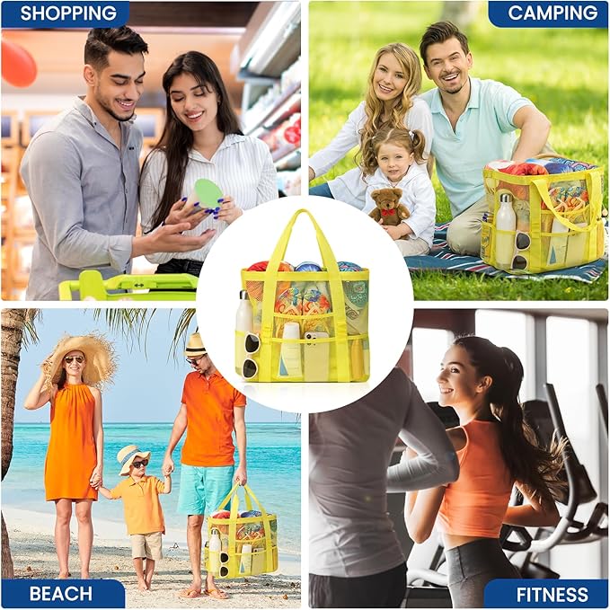 Beach Bag - Mesh Beach Bag Large 8 Pockets, Beach Tote Bag Beach Essentials for Vacation Must Haves