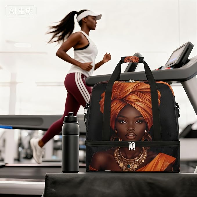 Foldable Travel Duffel Bag for Women - Carry on Personal Item Bag with Shoes Compartment, Weekender Overnight Duffle Bags Sport Tote Gym Luggage for Airplanes Traveling(African Ethnic Woman)