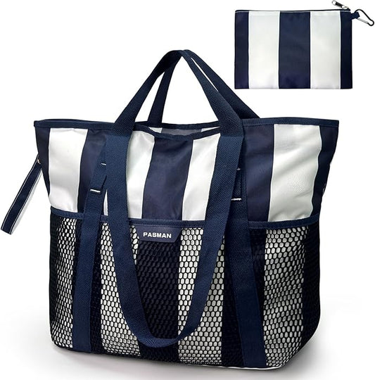 Large Beach Bag with Zipper-8 Pockets Sandproof Beach Tote Bag for Women,Foldable Lightweight Family Swim Bag Vacation