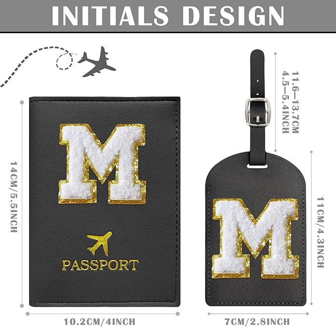 COSHAYSOO Black Initial Passport Cover Holder and Luggage Tag Set TSA Approved with Alphabet Chenille Letter Patch for Women Teenager Girls, PU Leather Traveling Bag Suitcase Identifier (M)
