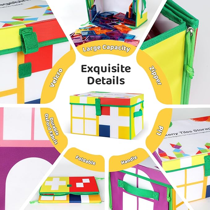 Magnetic Tiles Storage Bin & Interactive Playmat - Foldable Toy Organizer for Magnetic Tile, Portable Storage with Handles,12.6x11.4x7.7in Play Space for Home, Travel, Classroom
