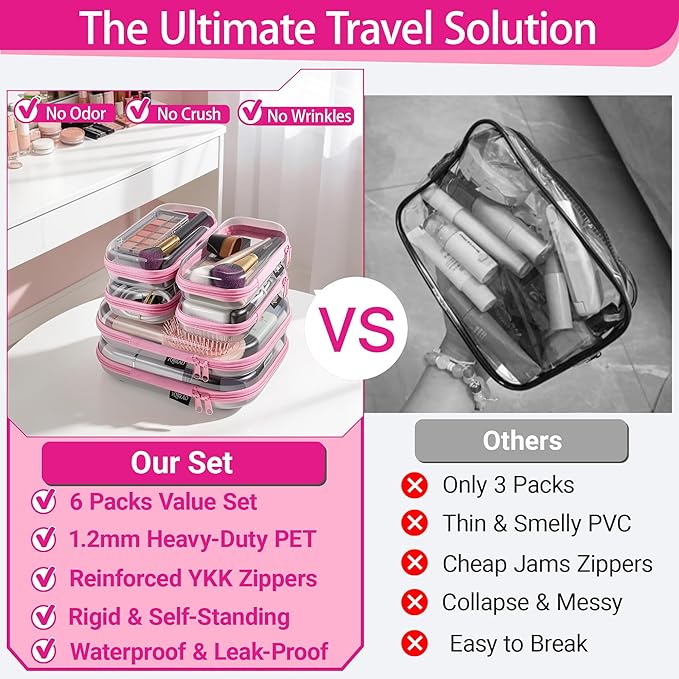 6 Pack Clear Hard Shell Zipper Case, Hard Plastic Organizer Pouches for Travel, Small Items, Makeup, Electronics & Art Supplies - Crush-Resistant & Waterproof Storage (Pink)