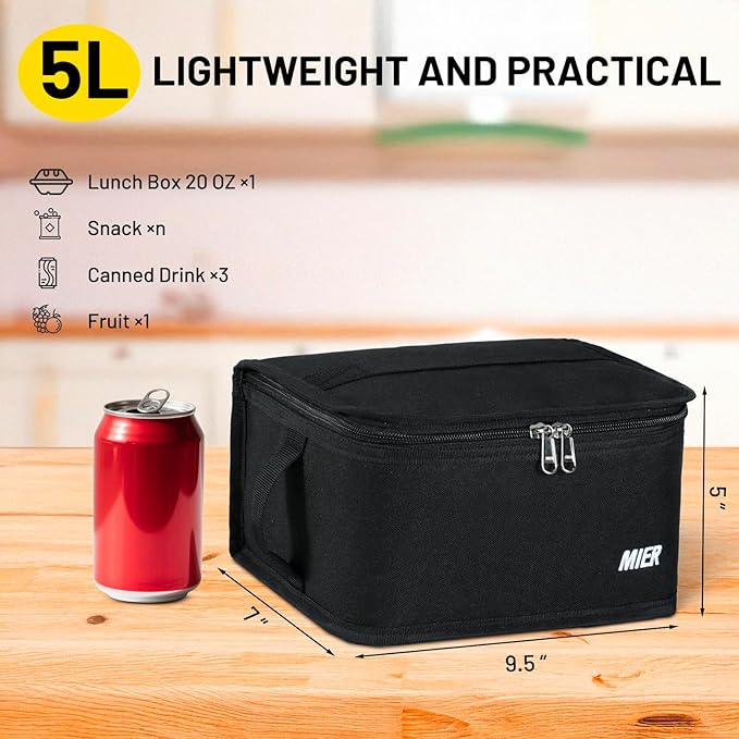 MIER Insulated Lunch Box for Men Women Kids Portable Small Lunch Bag 9 CAN Compact Thermal Mini Cooler for School Work Picnic, Black