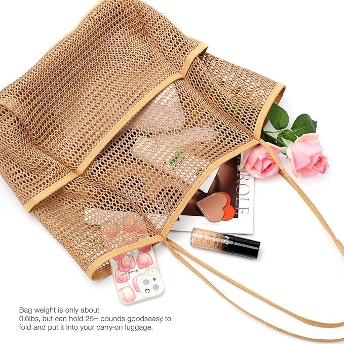 KPX Beach Bag with Mini Pocket, Beach Tote Bags for Women Large Foldable Mesh Swimming Pool Travel Bags - Sandproof
