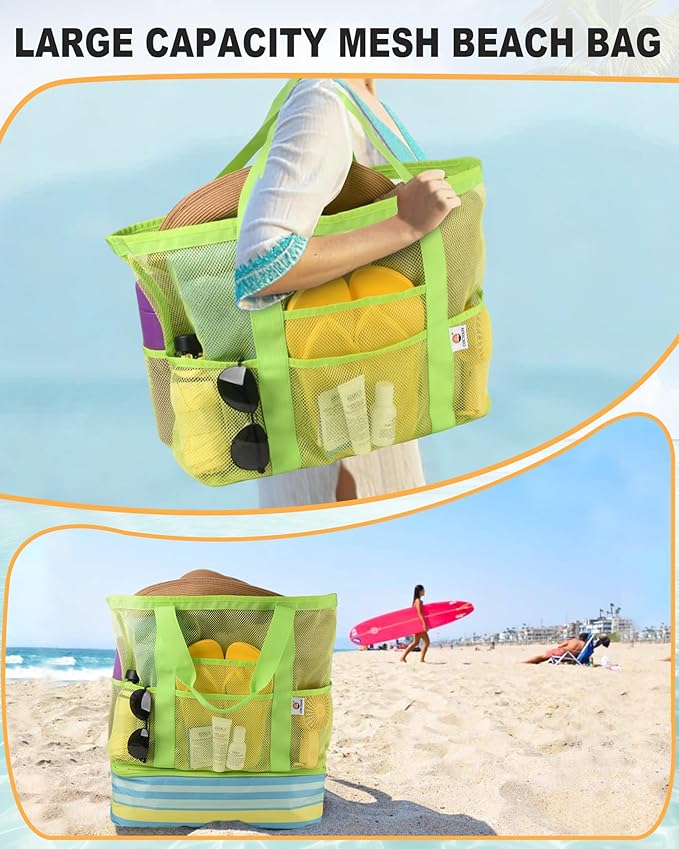 Beach Bag with Cooler, Mesh Beach Bag for Women Cruise Pool, Packable Waterproof Sandproof Travel Tote Bag with 8 Pockets