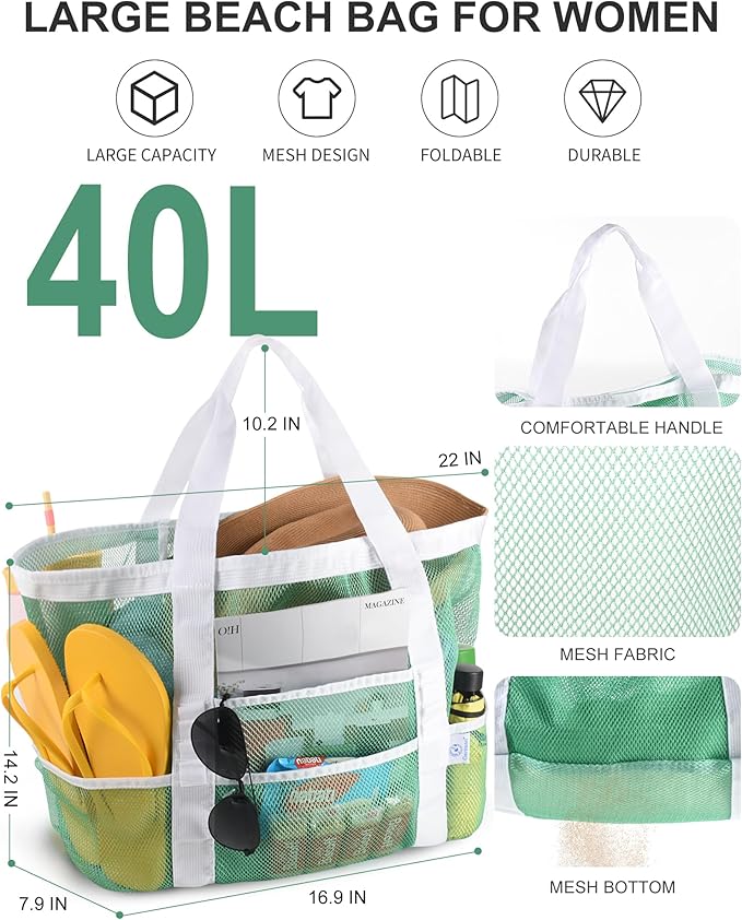 Genteen 40L Mesh Beach Bag, Foldable Sandproof Tote with Waterproof Pocket Quick Dry for Women Family Pool Vacation（White