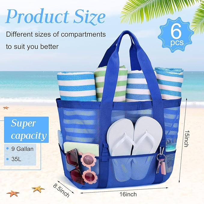 Hillban Large Beach Mesh Bags Bulk for Women Beach Tote Bag with 8 Pocket Zipper Waterproof Sandproof for Pool Cruise Ship