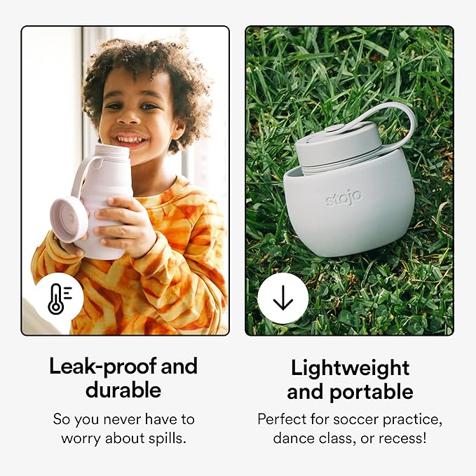 STOJO Jr Collapsible Bottle for Kids - Sage Green, 14oz / 400ml - Leak-Proof Reusable Silicone Travel Cup for Hot & Cold Drinks - On-The-Go Camping & Hiking - Microwave & Dishwasher Safe