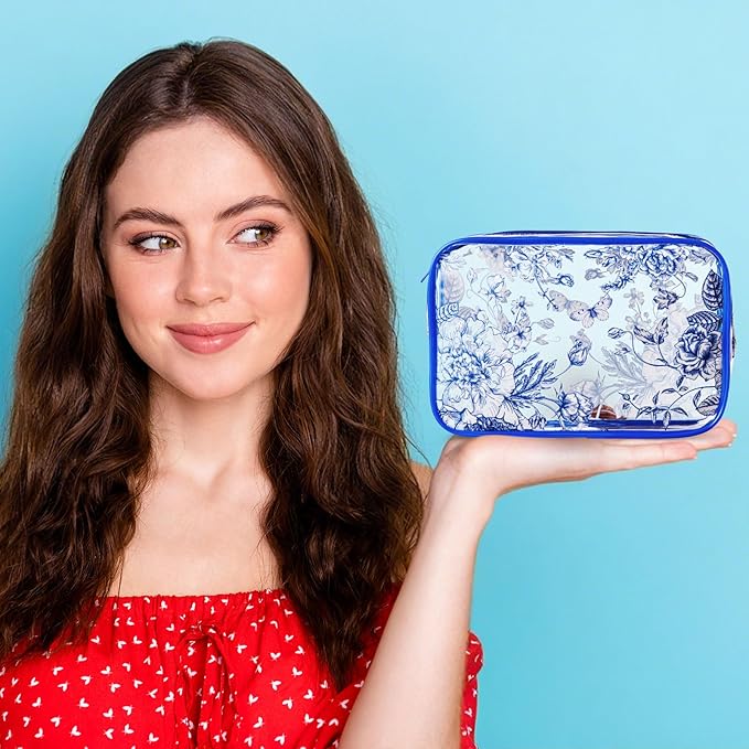 Set of 10 Clear Floral Cosmetic Bags PVC Makeup Bags Waterproof Travel Organizer Toiletry Pouches for Wedding Birthday Baby Shower Party Ideal Gift for Women Nurse Bridesmaid(Blue)