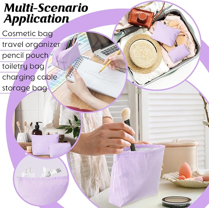 2 Pcs Makeup Bag Set Cute Cosmetic Pouch for Women Seersucker Travel Toiletry Bag Preppy Small Makeup Purse Pouch Aesthetic Skincare Brushes Storage Organizer for Valentine Women(Purple)