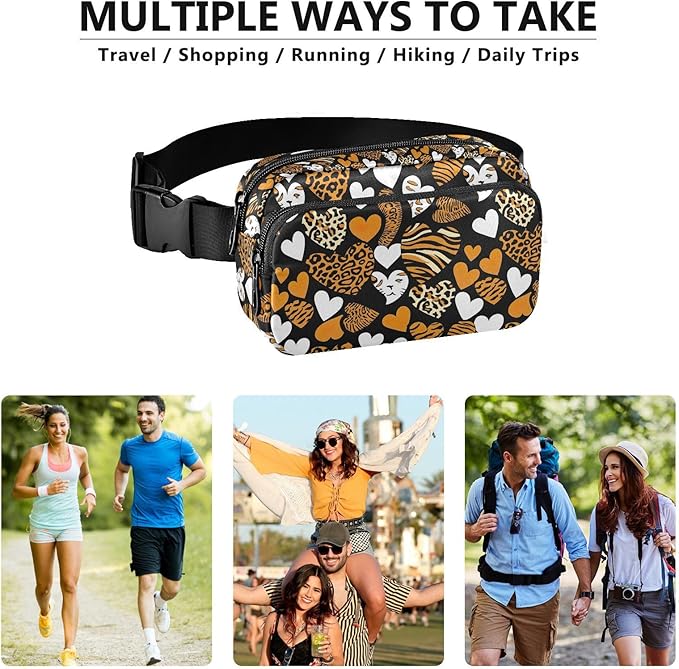 Leopard Zebra Print Heart Fanny Pack for Women Men Water Resistant Fashion Waist Packs with Adjustable Strap Belt Bag for Travel Workout Jogging Hiking 21219449