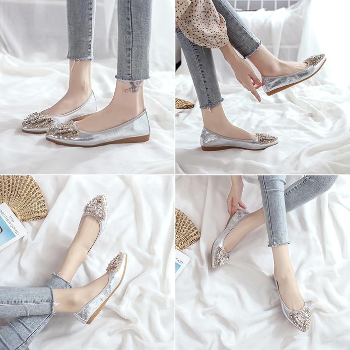 KUNWFNIX Women Ballet Flats Rhinestone Wedding Ballerina Shoes Foldable Sparkly Comfort Slip on Flat Shoes