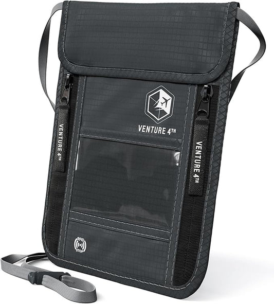 VENTURE 4TH Neck Wallet for Women & Men – RFID Blocking Passport Holder for Travel, Hidden Neck Pouch with 6 Compartments, Slim Lightweight Travel Organizer with Adjustable Strap (Gray)