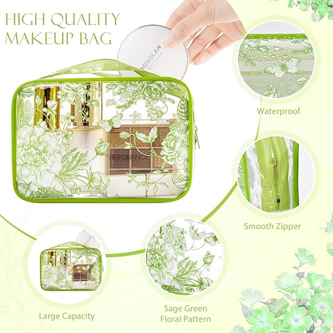 Set of 10 Clear Floral Cosmetic Bags PVC Makeup Bags Waterproof Travel Organizer Toiletry Pouches for Wedding Birthday Baby Shower Party Ideal Gift for Women Nurse Bridesmaid(Sage Green)