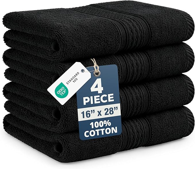 Black Hand Towels for Bathroom - 4 Pack (16"x28"), 100% Ringspun Cotton Hand & Face Towel - Soft, Prevent Fraying, Fade and Shrink Resistant - Daily Use Gym Towels for Men & Family Bathroom Hand Towel