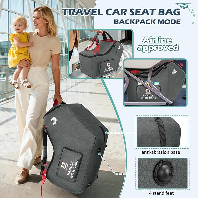 RAINSMORE Infant Car Seat Travel Bag for Airplane Compatible with All Nuna Pipa Car Seat and Base Chicco KeyFit 30 and Base Padded Car Seat Backpack for Travel Carseat Gate Check Bag with Side Pocket