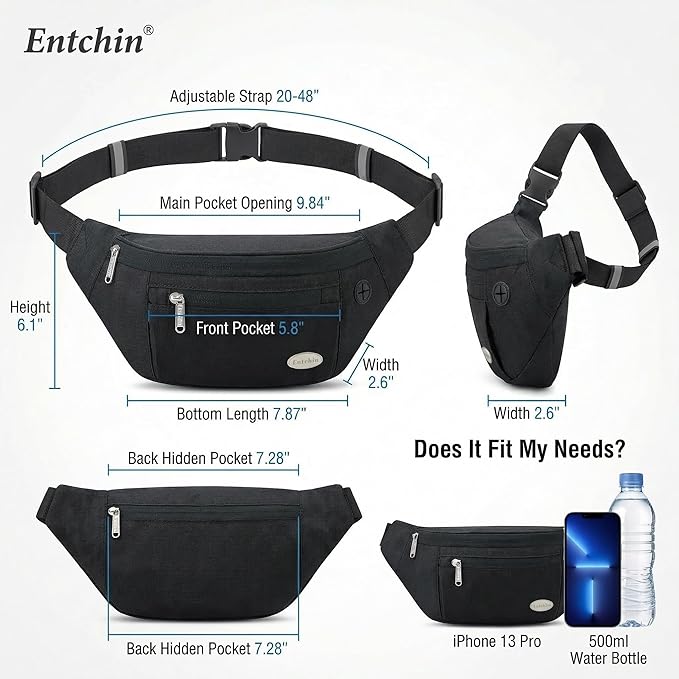 Entchin Fanny Pack for Women Men,Crossbody Belt Bag with 4-Zipper Pockets,Adjustable Waist Bag Pack,One of the Most Popular Travel Essential Gifts for Walking,Traveling,Cycling