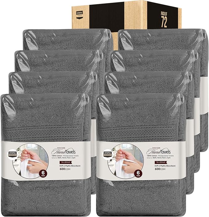 Utopia Towels 72 Pack Premium Hand Towels Set, 16 by 28 inches, 100% Ring Spun Cotton, Ultra Soft and Highly Absorbent 600GSM Towels for Bathroom, Gym, Shower, Hotel, and Spa, Grey
