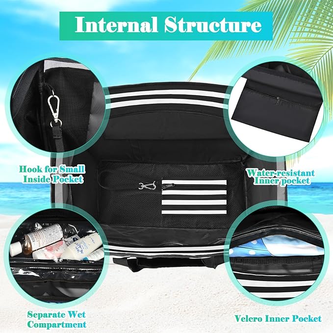 Large Beach Bag with Zipper, 12 Pockets Waterproof Sandproof Pool Bag Womens Mesh Beach Tote Bag for Travel Vacation